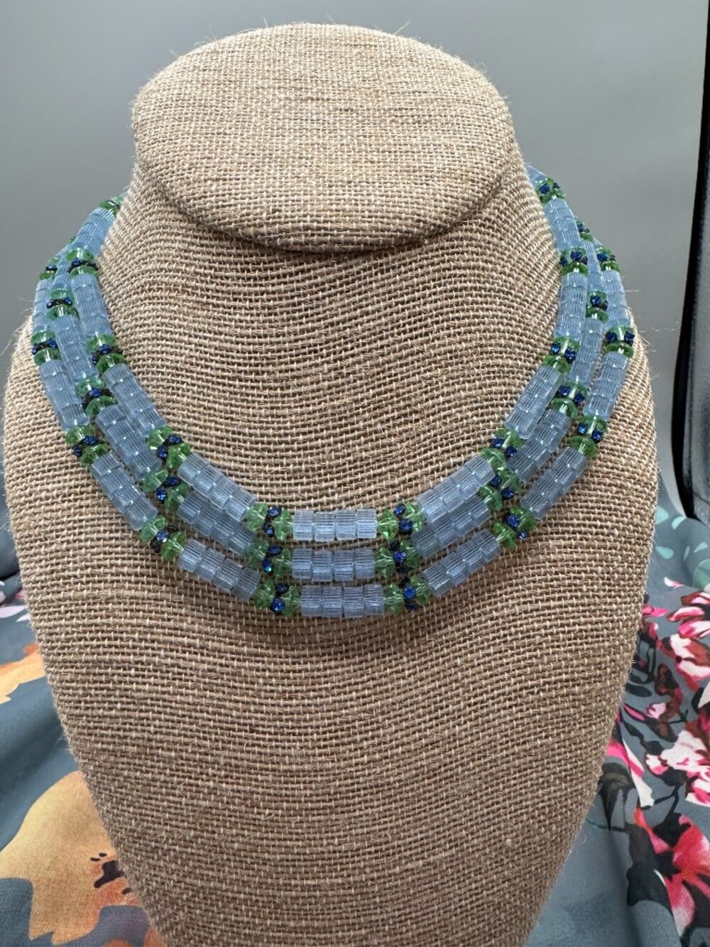 RARE Vintage Vendome Uranium Glass 3-Strand Necklace Blue Crystal UV Glow 1960